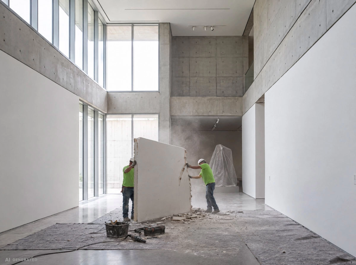Deux artisans démolissent une cloison construite dans une salle d’exposition ; de la poussière s’élève, une sculpture et le sol sont protégés