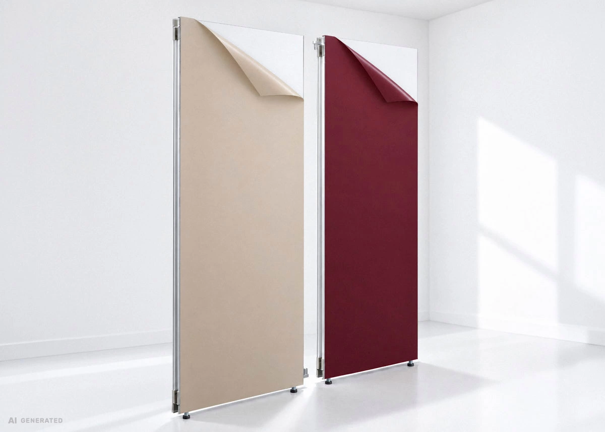 Deux modules Mila-wall, l’un pelliculé en beige, l’autre en bordeaux ; dans le coin supérieur, le revêtement est légèrement décollé