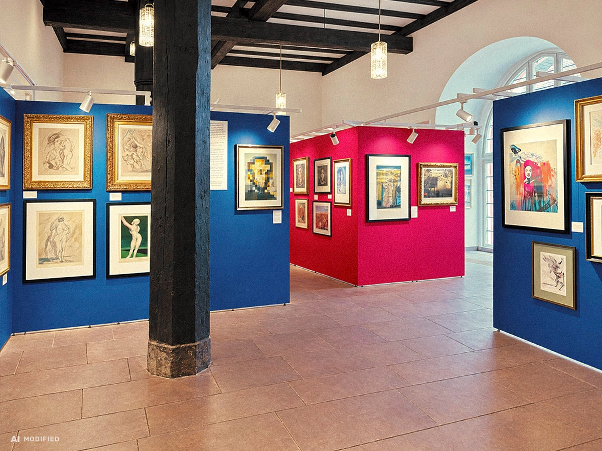 Exposition Dalí à la Maison des frères Grimm à Steinau : gravures encadrées sur des cloisons Mila-wall pelliculées en bleu et en rouge